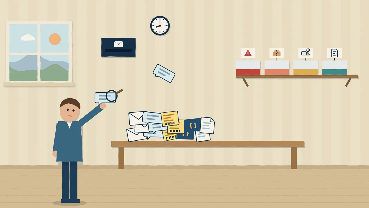 Paper-cut film: a desk piled with messages that Agentyk Decision sorts into the right trays