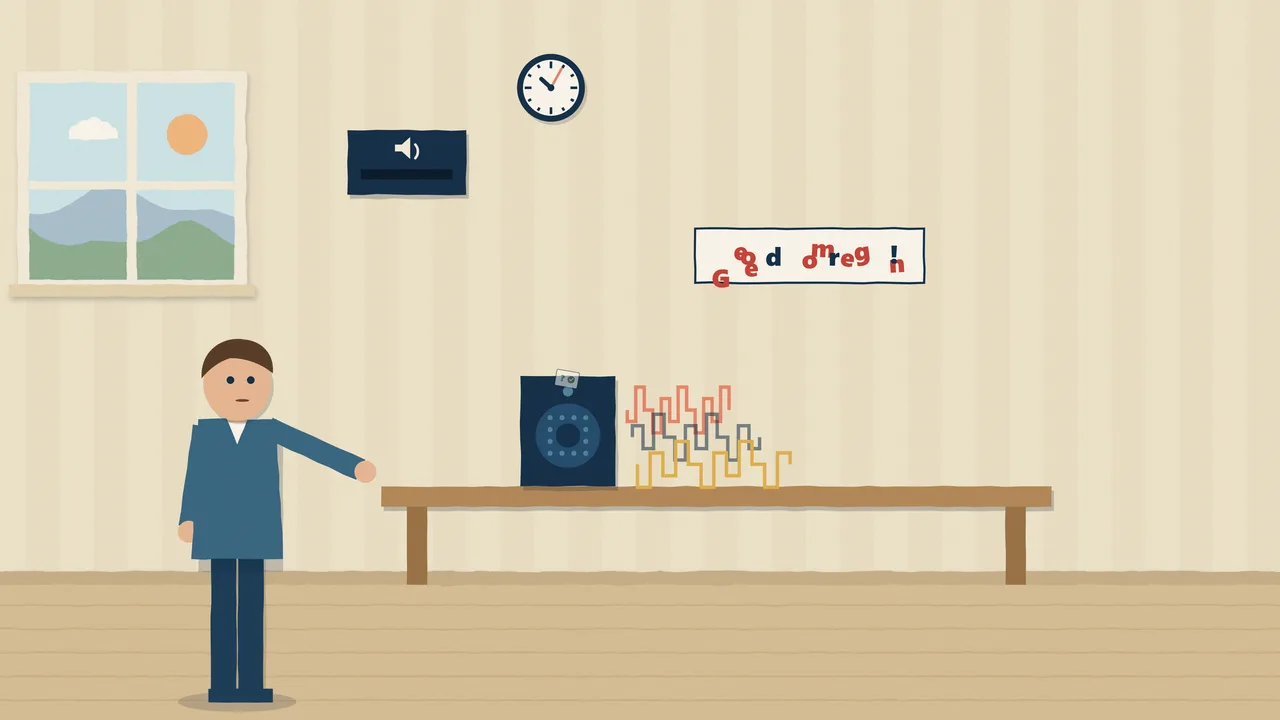 Paper-cut film: a stiff speaker on a desk, then Agentyk Voice speaking friendly Dutch